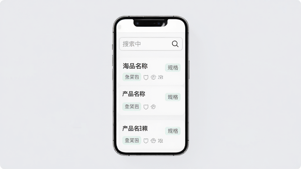 海川通产品数据库检索界面,主体为手机屏幕,屏幕显示搜索框与产品列表,列表项包含产品名称与规格标签,布局为上下结构,搜索框在顶部,列表在下方,风格为极简科技风,细节上搜索框有放大镜图标,背景为浅灰色,画质高清,干净,无多余元素