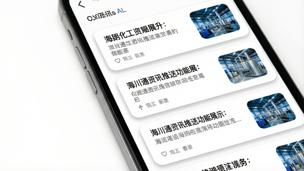 海川通资讯推送功能展示,主体为手机屏幕特写,屏幕中显示化工新闻卡片列表,卡片上有标题与缩略图,布局为纵向排列,排版整齐,风格为清新商务风,细节上卡片带有圆角与浅影,背景为纯白,画质高清,干净,无多余元素
