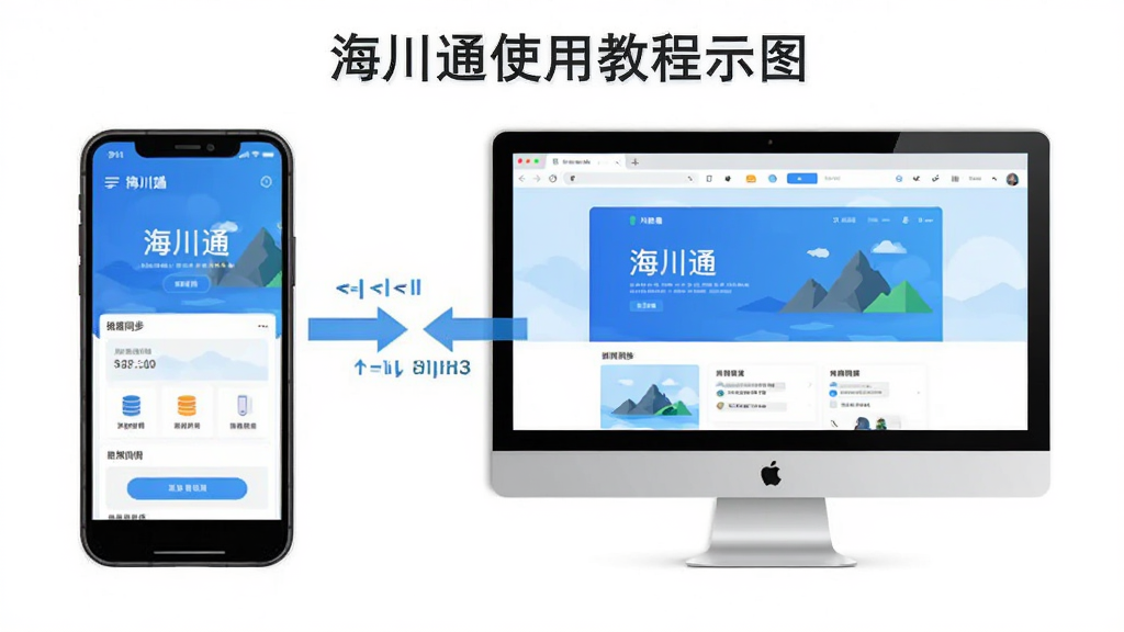 海川通使用教程示意图,主体为手机与电脑并排展示,手机显示移动端界面,电脑显示网页端界面,布局为左右对比,排版对称,风格为扁平化教学风,细节上带有箭头指示数据同步方向,背景为白色,画质高清,干净,无多余元素