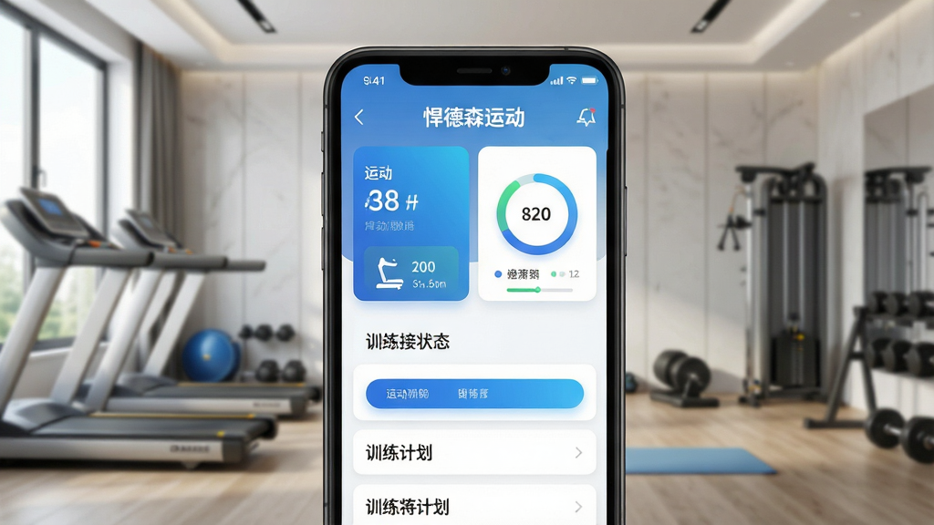 一张展示智能手机屏幕的图片,屏幕中显示悍德森运动APP的主界面,界面包含运动数据卡片、跑步机连接状态图标和训练计划列表,背景为现代家庭健身房环境,主体为手机与APP界面,布局居中,排版简洁清晰,风格为科技感与运动感结合,细节包括蓝色渐变按钮、圆形数据图表、白色卡片式布局,画面中文字标注“悍德森运动”,画质高清,干净,无多余元素