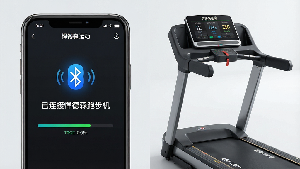 一张展示悍德森运动APP与跑步机蓝牙连接过程的图片,主体为手机屏幕显示“已连接悍德森跑步机”状态,旁边是正在运行的跑步机,布局为左右分屏,排版清晰,风格为写实科技风,细节包括蓝牙图标闪烁、连接进度条、跑步机显示屏数据,画面中文字标注“悍德森运动”,画质高清,干净,无多余元素