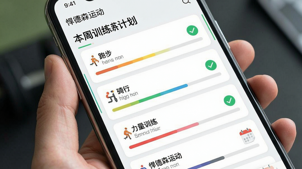 一张展示悍德森运动APP训练计划页面的图片,主体为手机屏幕显示“本周训练计划”列表,包含跑步、骑行、力量训练等项目,布局为纵向列表排版,风格为清新运动风,细节包括彩色进度条、完成打勾图标、日历标记,画面中文字标注“悍德森运动”,画质高清,干净,无多余元素