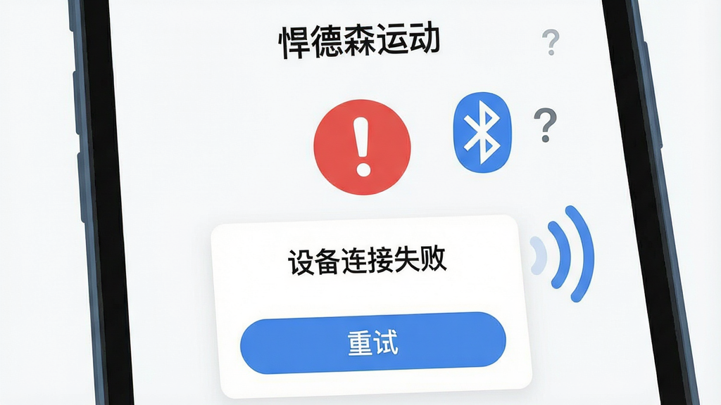 一张展示手机屏幕上悍德森运动APP出现连接失败提示的图片,主体为手机界面显示红色感叹号和“设备连接失败”文字,旁边有蓝牙图标和问号,布局为居中特写,风格为扁平化插画风,细节包括故障提示框、重试按钮、蓝牙信号波纹,画面中文字标注“悍德森运动”,画质高清,干净,无多余元素
