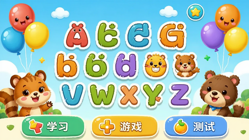 开心宝宝学拼音软件主界面预览图,画面中央展示卡通风格的拼音字母表,色彩明亮活泼,周围环绕着可爱的动物形象和气球装饰,整体布局清晰,分为学习、游戏、测试三大模块入口,风格为儿童教育类APP界面,细节丰富,画质高清干净,无多余元素