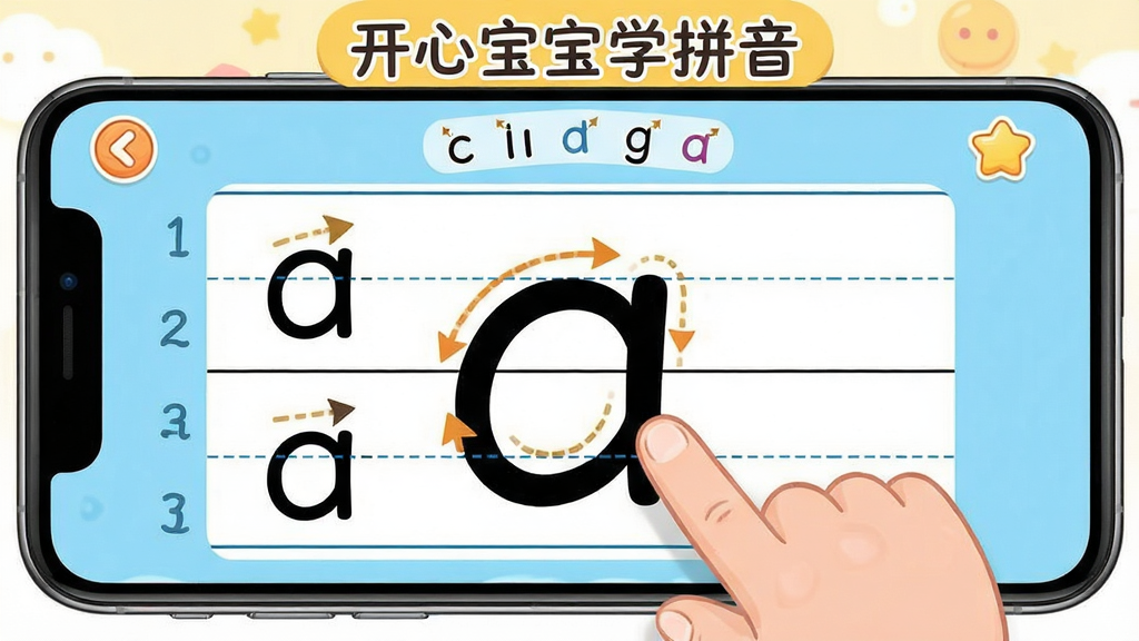 开心宝宝学拼音书写描红练习界面图,展示手机屏幕上拼音字母的四线三格书写区域,有手指正在书写字母“a”的轨迹,屏幕上方显示笔顺提示箭头,风格为清新儿童教育界面,细节清晰,画质高清干净,带有“开心宝宝学拼音”文字,无多余元素