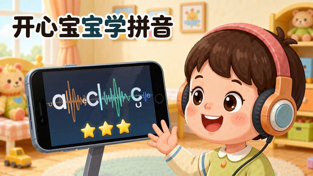 开心宝宝学拼音标准发音跟读功能展示图,画面中一个小朋友戴着耳机对着手机屏幕跟读拼音字母,屏幕上显示发音波形和评分星星,背景是温馨的儿童房环境,风格为卡通插画,细节生动,画质高清干净,画面中带有“开心宝宝学拼音”文字标识,无多余元素