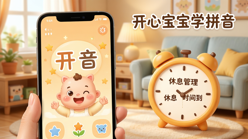 开心宝宝学拼音护眼模式与时间管理功能展示图,画面中手机屏幕显示柔和的暖色调护眼界面,旁边有一个卡通时钟显示“休息时间到”,背景是舒适的客厅环境,风格为温馨卡通风格,细节丰富,画质高清干净,带有“开心宝宝学拼音”文字,无多余元素