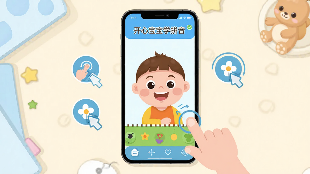 开心宝宝学拼音移动端使用操作示意图,画面展示一部智能手机屏幕上显示软件的学习界面,旁边有手指点击和滑动的操作指示图标,背景为简洁的浅色桌面,风格为扁平化科技插画,细节清晰,画质高清干净,带有“开心宝宝学拼音”文字,无多余元素