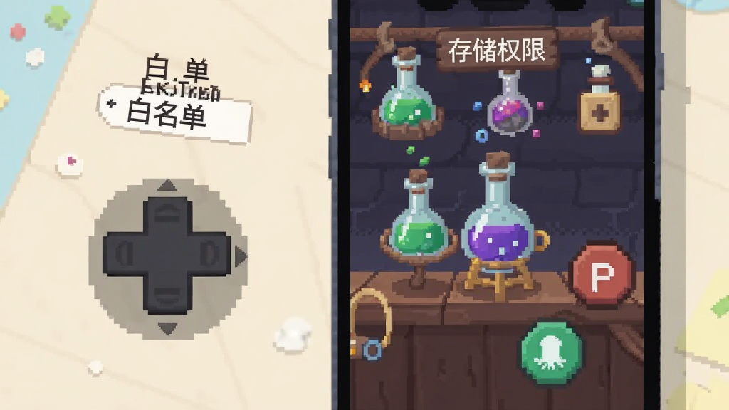 像素风格手机屏幕上显示炼金与魔法游戏界面,旁边有虚拟摇杆和按钮图标,背景是简洁的浅色桌面,画面中有