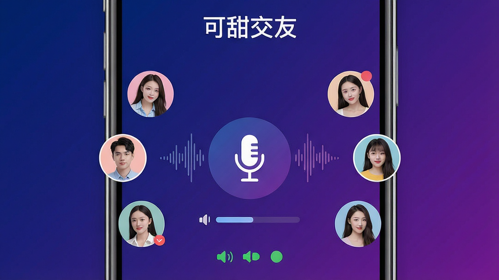 可甜交友语音互动场景图,画面展示一部手机屏幕内显示语音房间界面,有多个圆形头像排列成环形,中心是麦克风图标和声波纹理,屏幕上方有