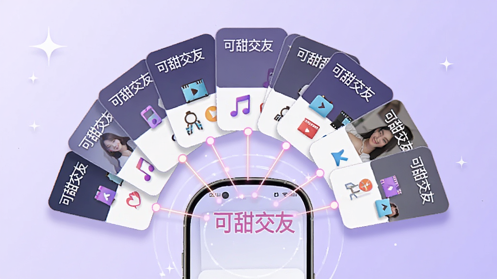 可甜交友智能匹配功能展示图,画面中一部手机屏幕显示多个用户卡片以扇形排列,卡片间有连线表示匹配关系,每张卡片上有