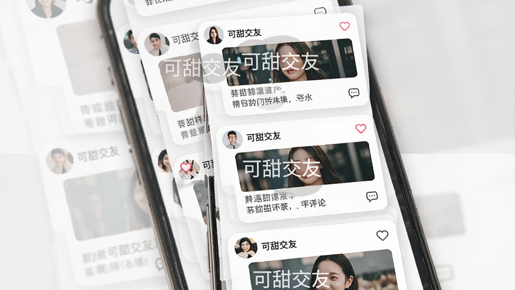 可甜交友动态社区界面图,画面中一部手机屏幕显示瀑布流动态卡片,每张卡片包含用户头像、图片和文字内容,卡片上有