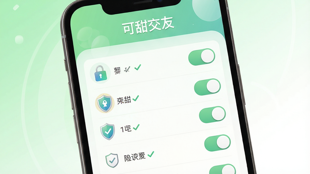 可甜交友隐私安全设置界面图,画面展示一部手机屏幕内是隐私设置页面,有多个开关按钮和盾牌图标,页面顶部有