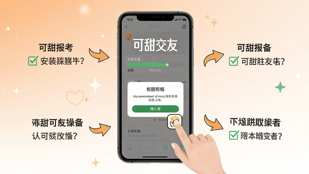可甜交友新手操作示意图,画面中一部手机屏幕显示安装进度条和权限弹窗,旁边有手指点击图标,屏幕上方有