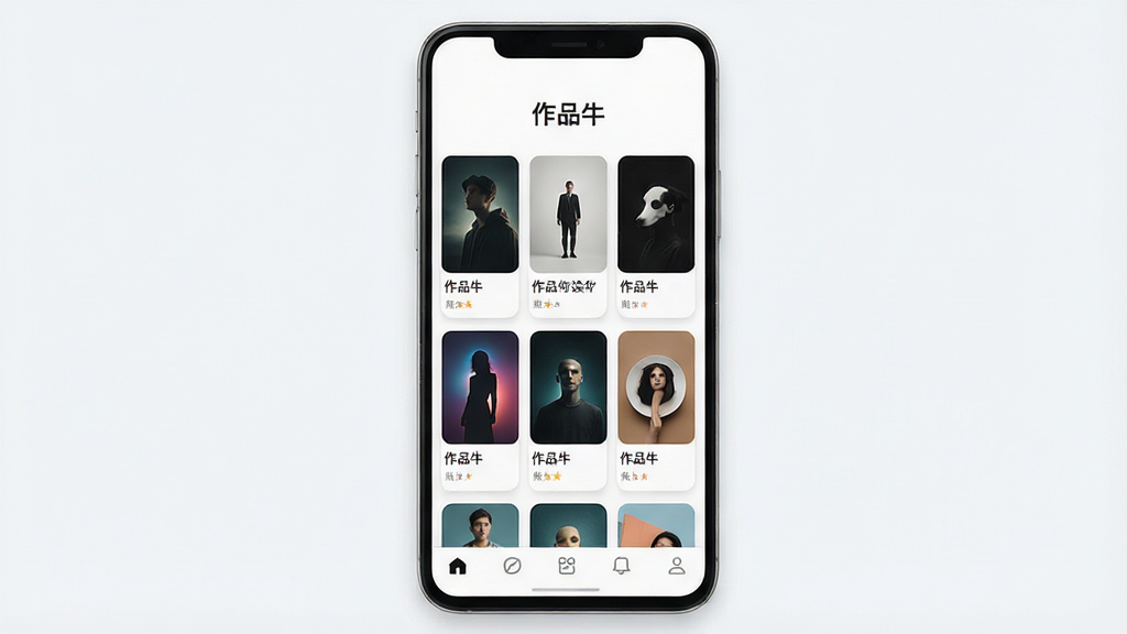 一张展示作品牛APP主界面的手机应用预览图,画面中央是一台竖屏安卓手机,屏幕内显示作品牛应用首页,顶部有
