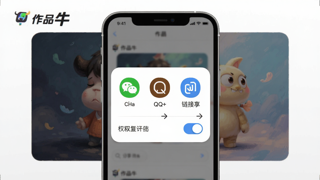 一张作品牛一键分享功能的AI生图,画面中央为手机屏幕,屏幕内显示分享面板弹窗,包含微信、QQ、链接复制等图标,背景为作品预览图,整体风格清爽明快,细节包括圆角按钮、分享箭头、权限设置开关,画质干净,画面中出现