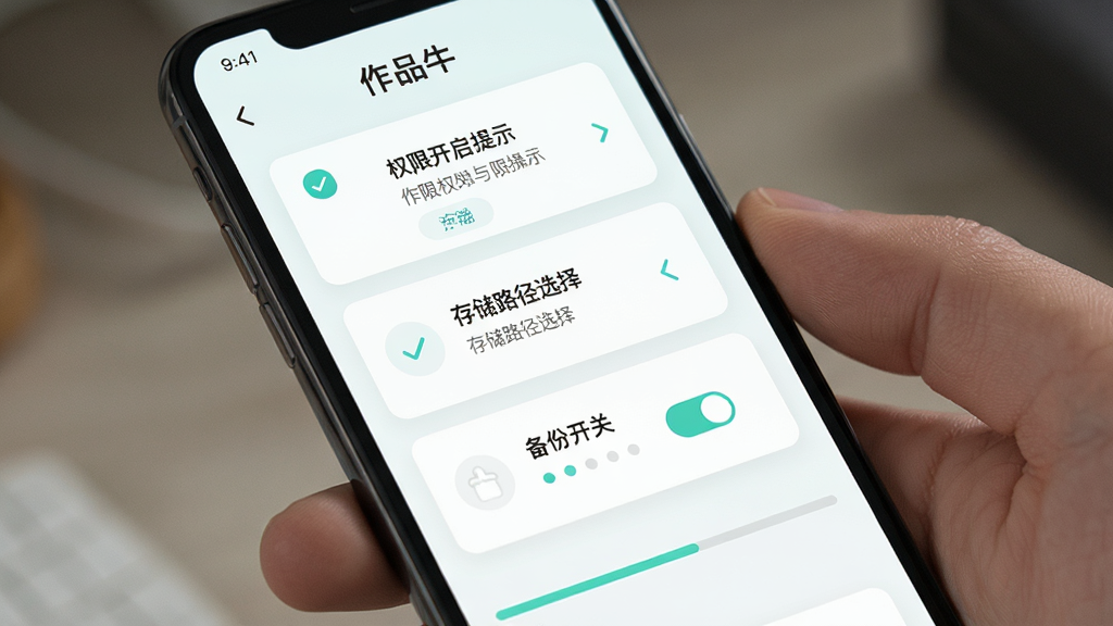 一张展示作品牛新手操作引导界面的AI生图,画面主体为手机屏幕,屏幕内显示作品牛的新手引导页,包含权限开启提示、存储路径选择、备份开关等步骤卡片,整体风格为清新浅色,细节包括勾选图标、箭头指引、进度条,画质干净高清,画面中出现