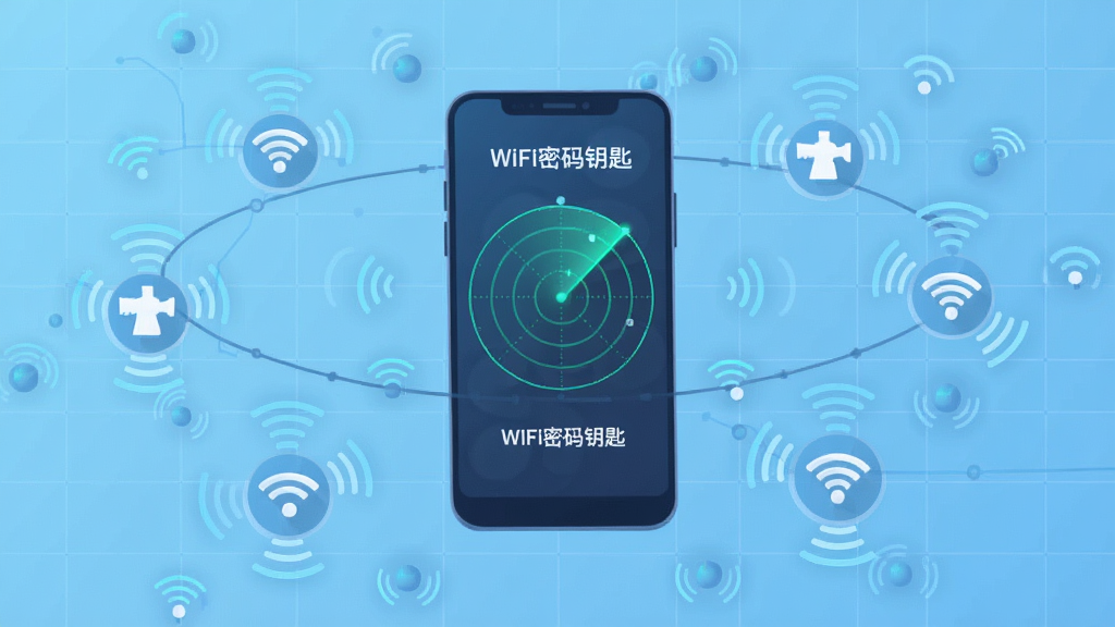 һ�ű���WiFi����Կ�׺����ȵ����ӹ��ܵĴ����ͼ������������һ�������ֻ����������룬�ֻ���Ļ��ʾWiFi����Կ�׵��״�ɨ�趯������Χ�������������WiFi�ȵ��Բ�ι�㣬�����Ǽ�Լ��ǳ��ɫ�Ƽ����񣬷��Ϊ��ƽ���Ƽ��廭��ϸ�ڰ�������ϵ��źŲ��ơ��ֻ���Ļ�ϵġ�WiFi����Կ�ס����������������ɾ����޶���Ԫ�ء�