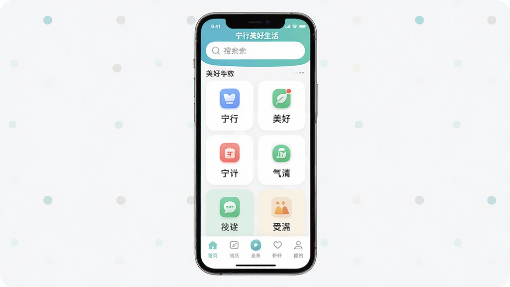宁行美好生活App主界面预览图,主体为一部竖屏智能手机,屏幕中展示宁行美好生活应用首页,布局包含顶部搜索栏、中部功能图标网格、底部导航栏,排版简洁清晰,风格为现代扁平化UI设计,细节包含图标圆角、浅色背景、卡片式模块,画质高清,干净,无多余元素