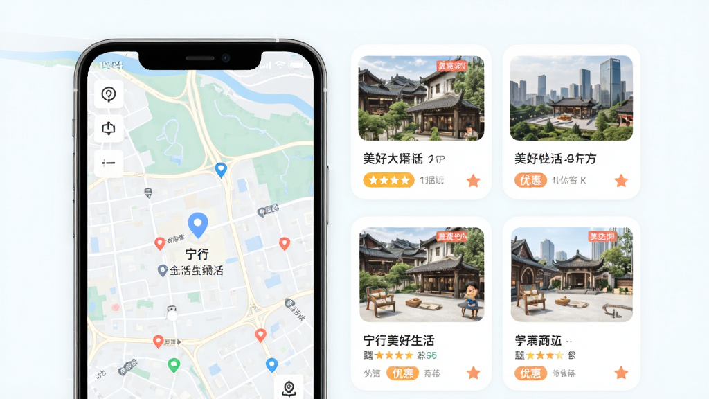 宁行美好生活本地生活圈功能展示图,主体为手机屏幕显示地图与周边商户列表,布局为左侧地图右侧商户卡片,排版采用上下分层结构,风格为清新浅色系UI,细节包含定位图标、商户评分、优惠标签,画质高清,干净,无多余元素