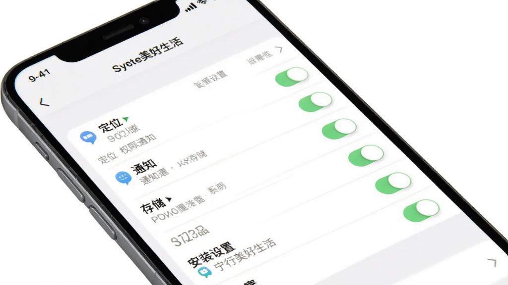 宁行美好生活App安装设置界面示意图,主体为手机屏幕显示权限设置页面,布局为列表式选项排列,排版简洁明了,风格为系统原生设置界面风格,细节包含定位、通知、存储等权限开关,画质高清,干净,无多余元素