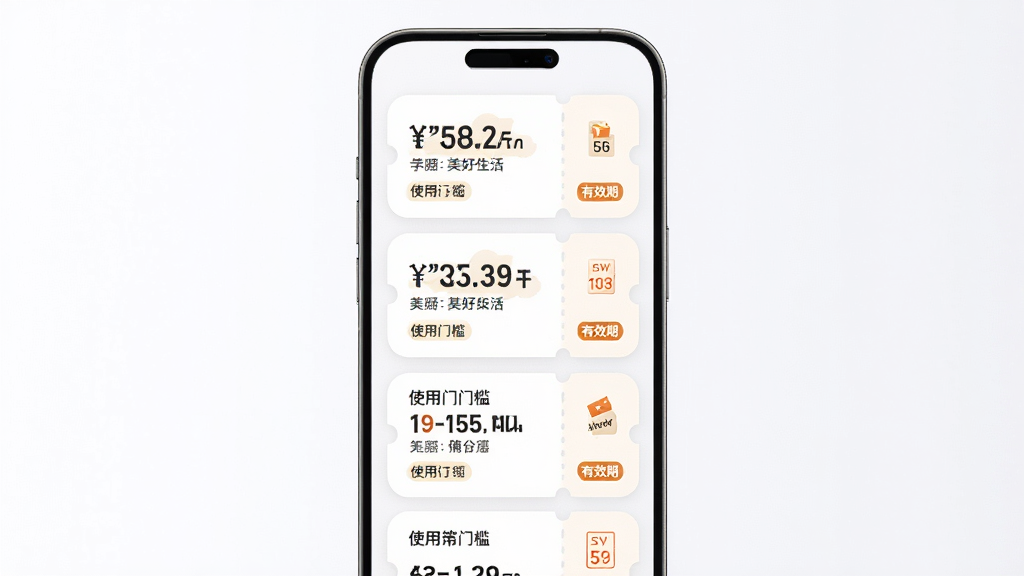 宁行美好生活优惠权益聚合功能展示图,主体为手机屏幕显示多张优惠券卡片,布局为瀑布流排列,排版整齐有序,风格为柔和圆角卡片设计,细节包含券面金额、使用门槛、有效期标签,画质高清,干净,无多余元素