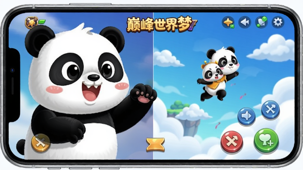 一只可爱的卡通熊猫在手机屏幕前开心地点击游戏界面,屏幕中显示“巅峰世界梦”的游戏主界面,画面布局为左右分栏,左侧是熊猫操作手机,右侧是游戏内角色在云端跳跃,风格为明亮卡通,细节包括手机边框、游戏按钮、飘动的云朵,画质清晰,干净,无多余元素