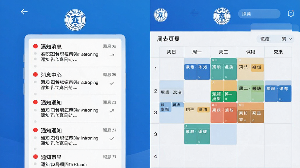一张易职教应用内消息中心与课表页面的合成展示图,画面左侧是消息列表,右侧是周课表网格,顶部有校徽标志,整体采用蓝白配色,布局对称工整,风格清爽简约,细节上体现通知红点与课程色块区分,画质高清干净,无多余装饰