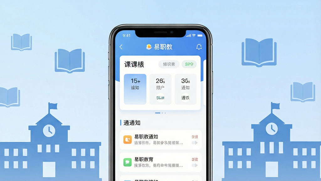 一张展示手机屏幕中易职教应用主界面的预览图,画面中央是手机正视图,屏幕内显示课表卡片与通知列表,背景为浅蓝色渐变,周围环绕着校园建筑剪影和书本图标,整体布局简洁清晰,风格现代扁平化,细节上突出界面图标与文字排列,画质清晰干净,无多余元素
