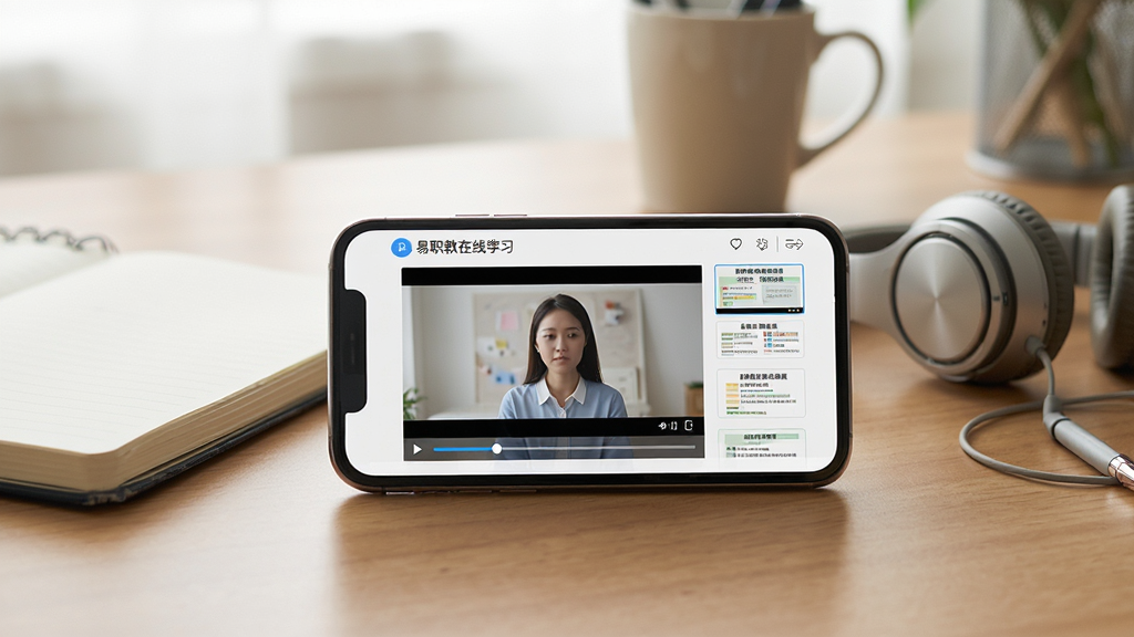 一张易职教在线学习页面的场景图,画面中一部手机横屏展示视频播放界面,旁边散落着笔记本与耳机,背景是书桌环境,光线柔和,风格生活化写实,细节上突出视频进度条与课件缩略图,画质清晰干净,无杂乱物品