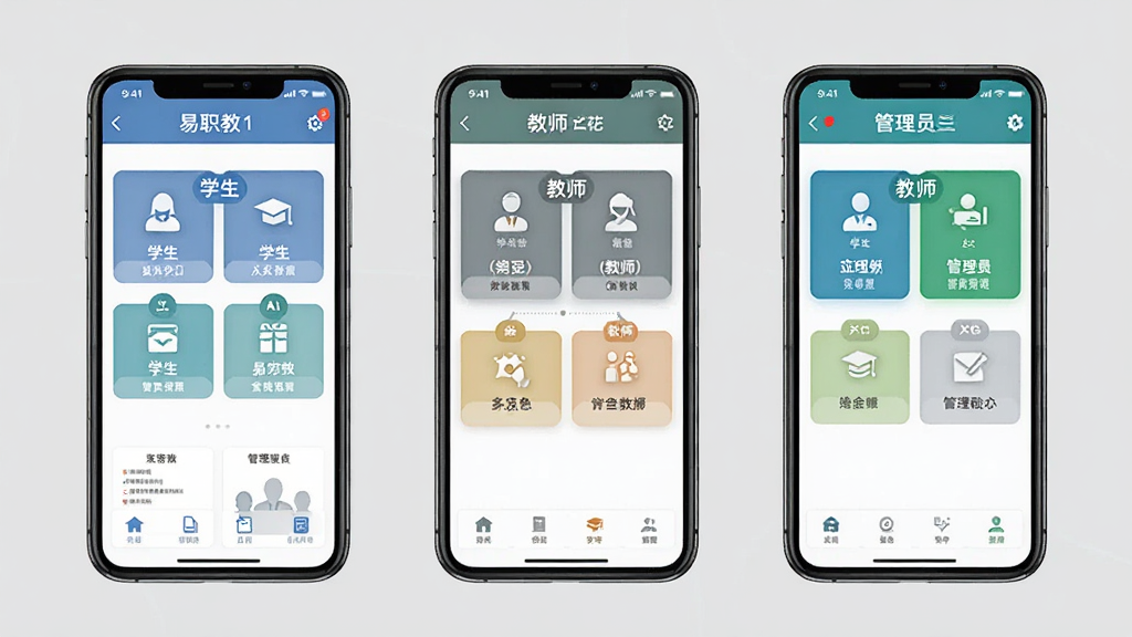一张易职教多角色界面对比示意图,画面中并排展示三部手机,分别呈现学生、教师、管理员三种界面布局,背景为纯色浅灰,风格商务简洁,细节上区分不同功能模块的图标与配色,画质清晰干净,无多余元素
