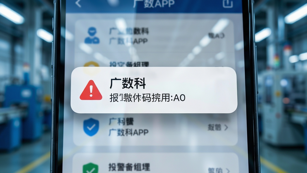 画面主体为一部智能手机特写,屏幕弹出广数科APP的报警推送通知横幅,通知内容包含红色警示图标与报警代码。布局采用微距特写构图,手机屏幕占据画面中心,背景为模糊的工厂走廊。排版上通知横幅清晰醒目,屏幕其他区域显示设备列表。风格为现代UI展示风,细节包括屏幕玻璃的反光、通知卡片的圆角与阴影、背景的冷色调灯光。画质为4K超高清,干净无多余元素,色彩对比鲜明。