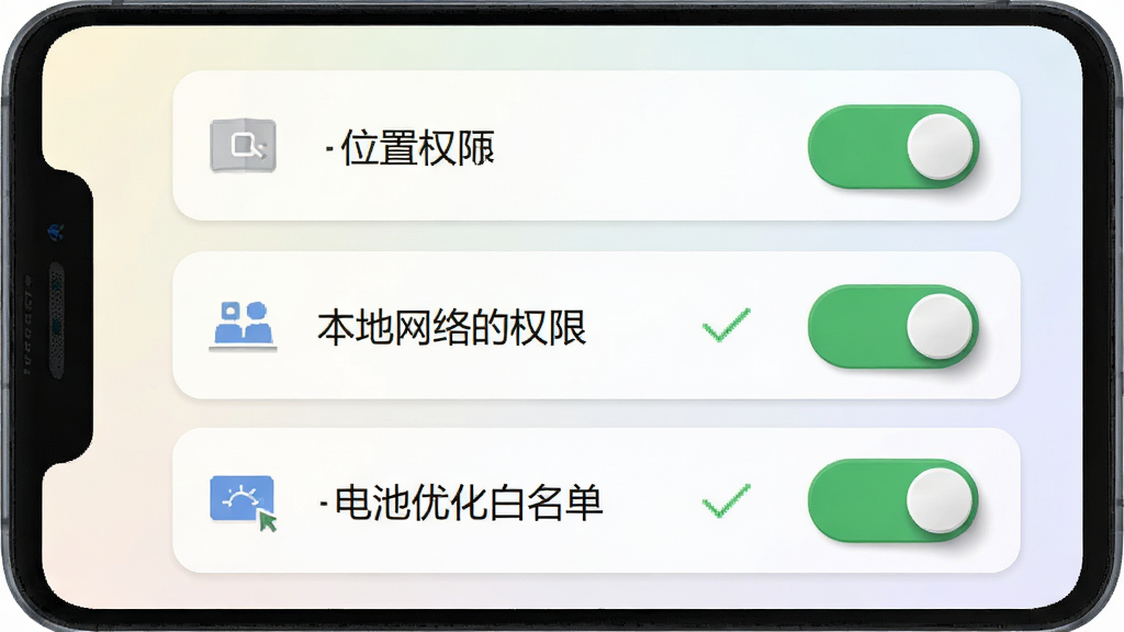 画面主体为一部安卓手机屏幕截图风格,展示广数科APP的权限设置引导页面,包含位置权限、本地网络权限、电池优化白名单三个开关选项,开关呈开启状态并伴有绿色对勾。布局采用纵向列表排版,背景为浅色渐变。风格为扁平化UI设计风,细节包括图标简洁、文字清晰、开关有立体感。画质为矢量级清晰,干净无多余元素,整体色调柔和。
