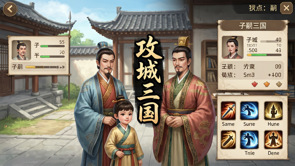 三国策略游戏子嗣养成界面,画面中有一对古代夫妻和孩童,背景是庭院和书房,界面展示子嗣属性面板和技能图标,画面中央有“攻城三国”文字,布局为竖版手机界面风格,风格为清新古风,细节包括服饰纹样、建筑屋檐、属性数值,画质高清,干净,无多余元素