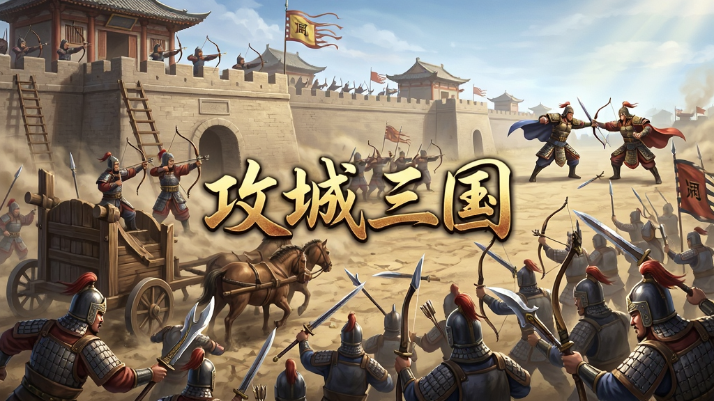 三国题材手游国战场景,画面中数百名士兵在城池下交战,有攻城车和云梯,城墙上有弓箭手射击,远处有武将单挑,画面中央有“攻城三国”文字,布局为横向宽幅,风格为史诗战争插画,细节包括士兵盔甲、兵器反光、尘土飞扬,画质高清,干净,无多余元素