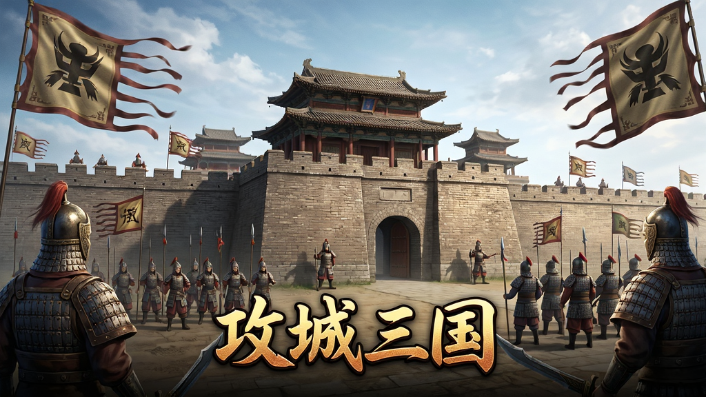 一款以三国为背景的策略手游主视觉,画面中央是一座宏伟的古代城池,城墙上有士兵把守,城外有军队列阵,天空有战旗飘扬,画面下方有游戏名称“攻城三国”字样,整体布局为竖版海报,风格为写实中国风,细节包括铠甲纹理、城墙砖石、战旗图案,画质高清,干净,无多余元素