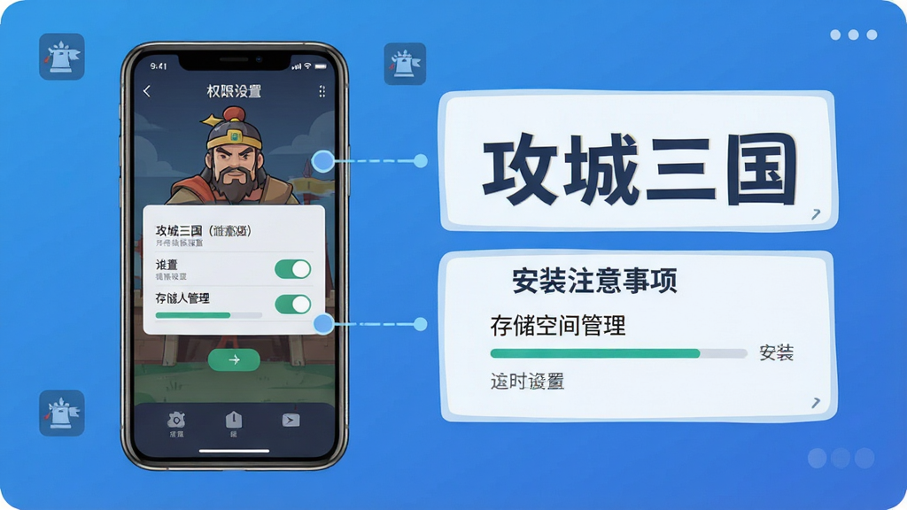 手机游戏安装与设置界面示意图,画面中有一部智能手机,屏幕上显示权限设置和存储空间管理页面,旁边有文字标注“攻城三国”和“安装注意事项”,布局为横向图文排版,风格为扁平化科技风,细节包括图标、开关按钮、进度条,画质高清,干净,无多余元素