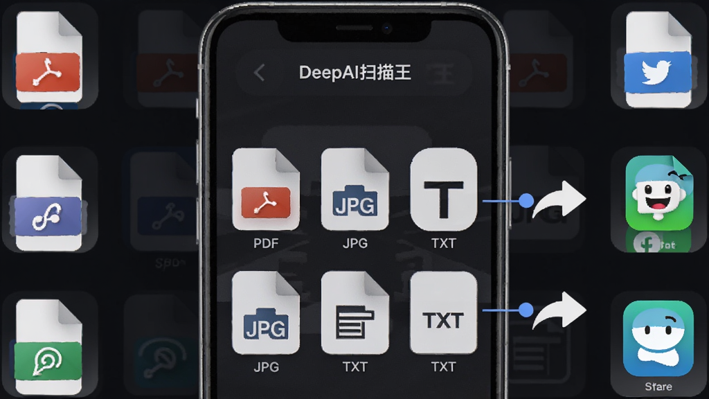 ����ΪDeepAIɨ�����Ķ��ʽ�������棬�ֻ���Ļ��ʾPDF��JPG��TXT�ȸ�ʽͼ�����У��Ա��з�����ͷָ���罻����ͼ�ꣻ����Ϊ�ֻ����У���Χ���Ƹ�ʽͼ��ͷ������ţ��Ű��������򣻷��Ϊ��ƽ���Ƽ��磻ϸ�ڰ���ͼ�������΢���䡢����Ϊ��ɫģʽ�����ʸ��塢�ɾ����޶���Ԫ�أ�����������Ϊ��DeepAIɨ��������