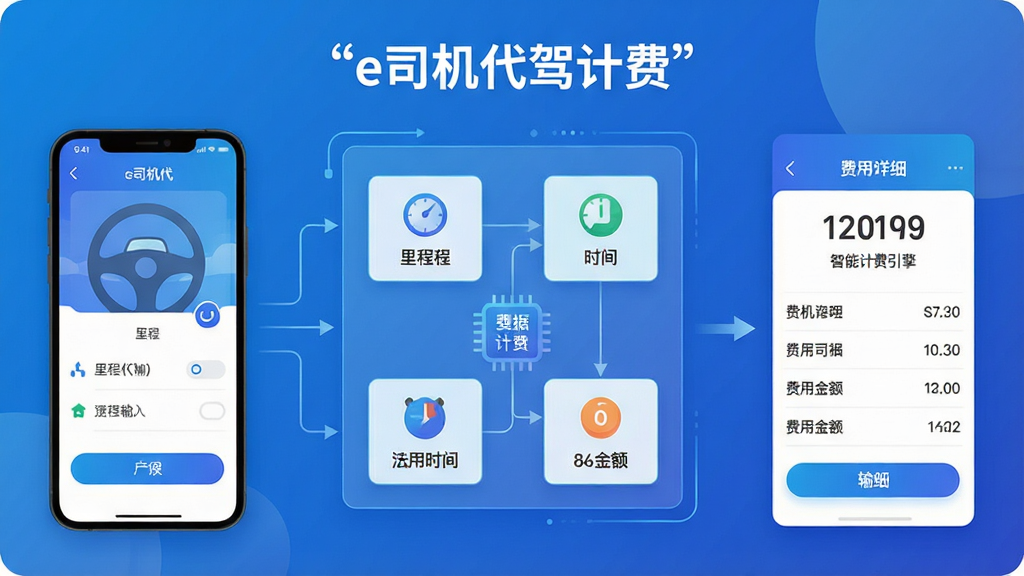 一张展示e司机代驾计费智能计费引擎工作流程的示意图,画面左侧是手机输入界面,中间是数据计算模块,右侧是费用明细输出界面,整体采用扁平化科技风格,蓝色渐变背景,包含里程、时间、金额等图标元素,文字使用引号标注“e司机代驾计费”,画质清晰,干净,无多余元素