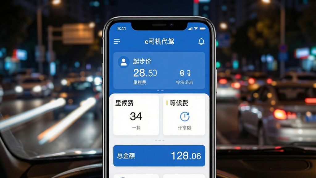 一张展示e司机代驾计费手机应用主界面的场景图,画面中央是一部竖屏智能手机,屏幕上显示蓝色与白色为主色调的计费界面,包含起步价、里程费、等候费、总金额等清晰模块,背景为夜晚城市道路与车流灯光,风格为写实科技风,细节包括手机边缘反光、界面图标精致、数字清晰可读,画质高清,干净,无多余元素