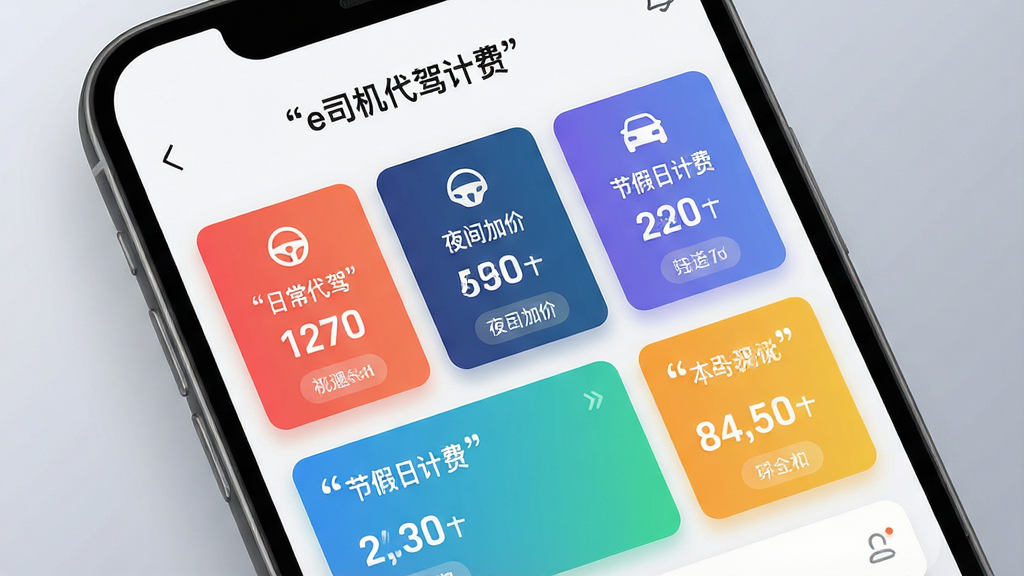 一张展示e司机代驾计费多模式价格方案选择界面的图片,画面中手机屏幕显示多个彩色卡片式计费模板,分别标注日常代驾、夜间加价、节假日计费等字样,背景为柔和的渐变灰色,风格为现代UI设计,细节包括卡片阴影、图标清晰、文字使用引号标注“e司机代驾计费”,画质高清,干净,无多余元素