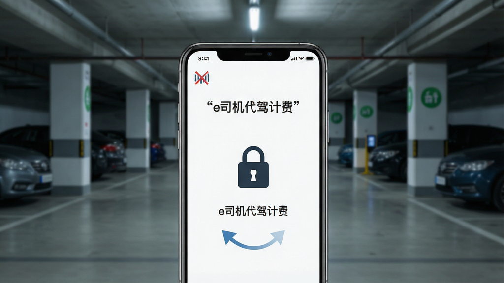 一张展示e司机代驾计费离线可用与数据安全功能的场景图,画面中手机屏幕显示离线模式提示与数据加密图标,背景为地下停车场环境,风格为写实科技风,细节包括手机信号图标打叉、锁形图标、数据同步箭头,文字使用引号标注“e司机代驾计费”,画质清晰,干净,无多余元素