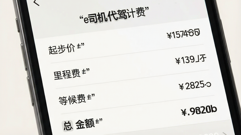 一张展示e司机代驾计费实时费用明细页面的图片,画面中手机屏幕显示列表式费用清单,包含起步价、里程费、等候费、总金额等条目,每条目右侧有金额数字,背景为浅色商务风格,细节包括清晰的字体、分割线、货币符号,文字使用引号标注“e司机代驾计费”,画质高清,干净,无多余元素
