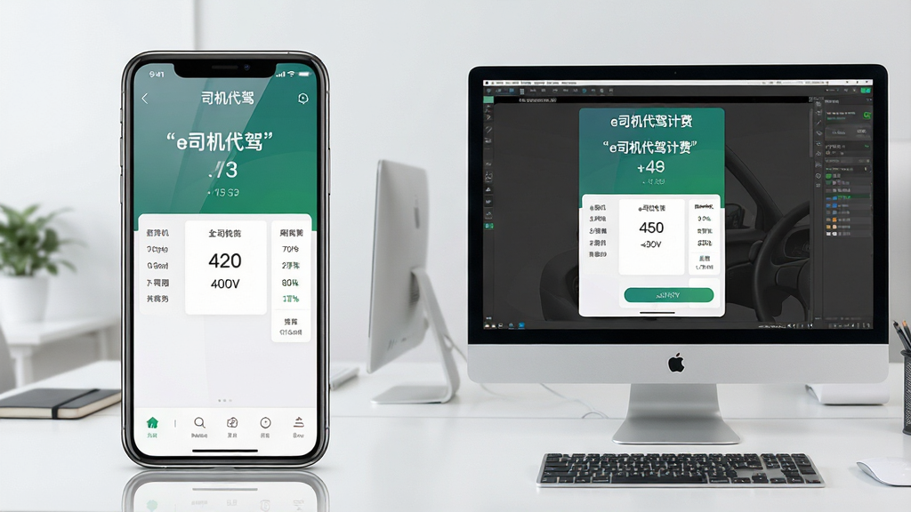 一张展示e司机代驾计费在手机与电脑模拟器上同时运行的对比图,画面左侧是手机竖屏显示计费界面,右侧是电脑屏幕显示模拟器中的同样界面,背景为简洁办公桌面,风格为写实科技风,细节包括手机与电脑的边框、屏幕反光、界面元素清晰,文字使用引号标注“e司机代驾计费”,画质高清,干净,无多余元素