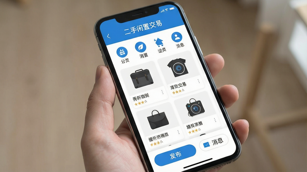 手机屏幕正面展示一个二手交易应用界面,顶部标题为“二手闲置交易”,中间是分类图标和商品卡片列表,底部有发布按钮和消息入口,整体采用蓝白配色,扁平化设计风格,画面干净整洁,无多余元素,高清画质