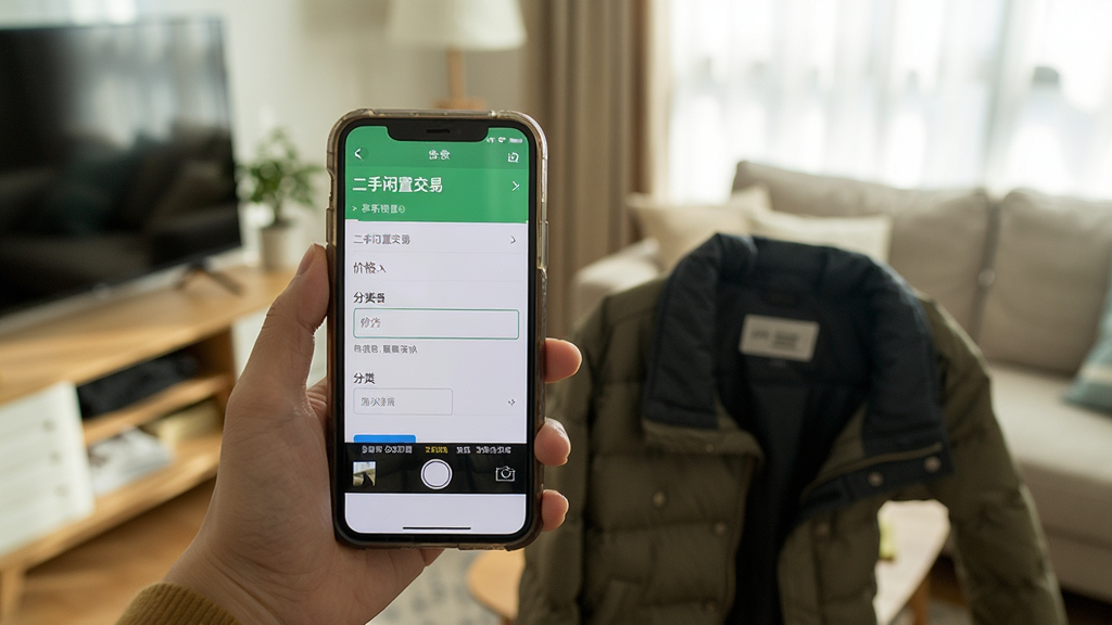 一只手拿着手机拍摄一件闲置外套,手机屏幕上显示“二手闲置交易”发布页面,画面中有价格输入框和分类选项,背景是居家环境,风格温馨自然,细节清晰,画质干净,无多余元素