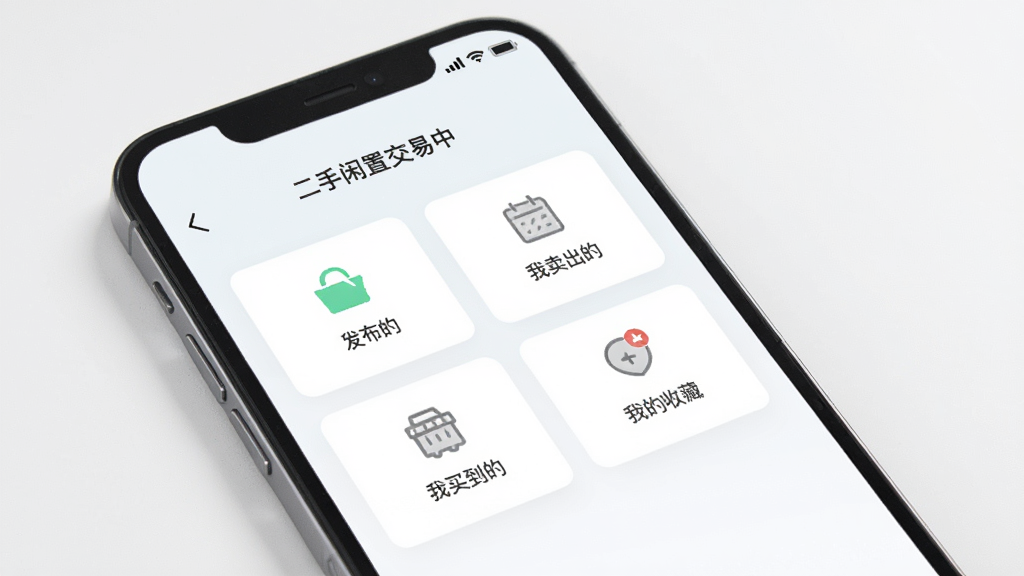手机界面展示“二手闲置交易”个人中心页面,包含我发布的、我卖出的、我买到的、我的收藏等选项,界面采用卡片式布局,浅色背景,图标简洁,整体风格清爽,高清画质,无多余元素