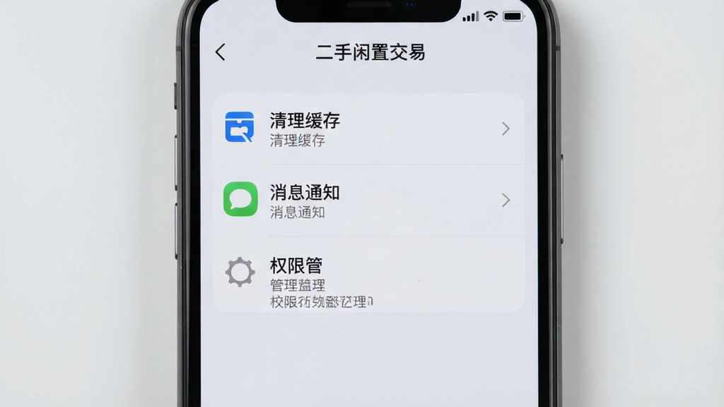 手机屏幕显示“二手闲置交易”应用设置页面,包含清理缓存、消息通知、权限管理等选项,界面简洁,图标清晰,背景为浅灰色,风格干净利落,高清画质,无多余元素
