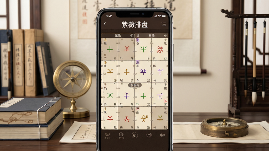一张展示紫薇排盘软件界面的图片,画面中央是手机屏幕,屏幕上显示紫微斗数命盘,十二宫格整齐排列,星曜名称清晰可见,背景是淡雅的古典风格书房,桌上摆放着古籍与罗盘,整体色调以米白与深棕为主,风格写实细腻,细节丰富,画质高清,干净整洁,无多余元素,画面中文字为“紫薇排盘”。