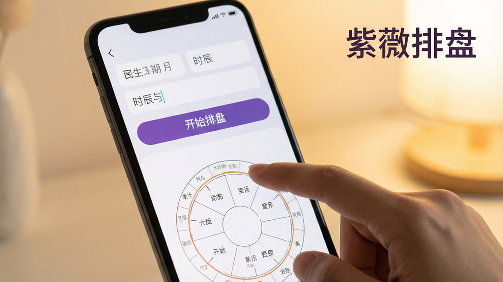 一张展示紫薇排盘软件排盘过程的图片,画面中一只手正在点击手机屏幕上的“开始排盘”按钮,屏幕上方显示出生日期与时辰输入框,下方是正在生成的命盘轮廓,背景是柔和的暖光,风格简约现代,画质清晰,干净无多余元素,画面中文字为“紫薇排盘”。